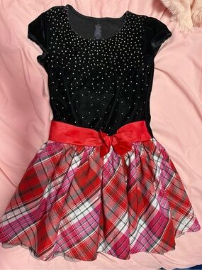 George Black Velvet & Red Plaid Holiday Dress with Pink Accents